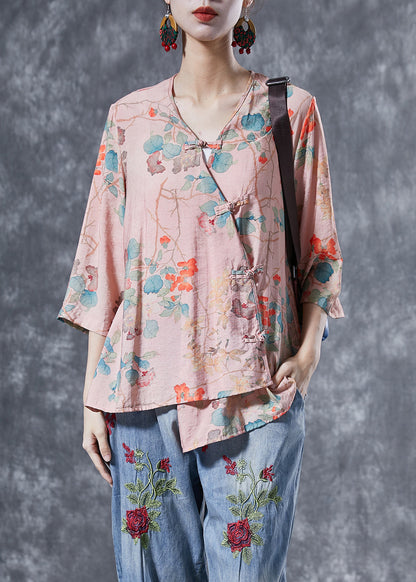 Women Pink Chinese Button Print Linen Shirts Bracelet Sleeve LY4025 - fabuloryshop