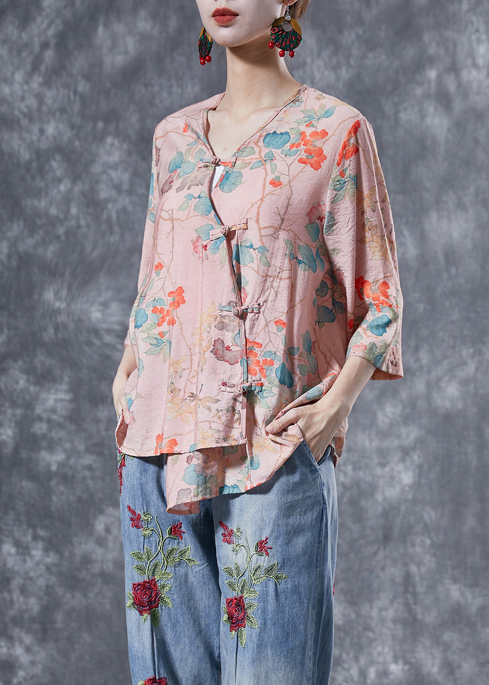 Women Pink Chinese Button Print Linen Shirts Bracelet Sleeve LY4025 - fabuloryshop