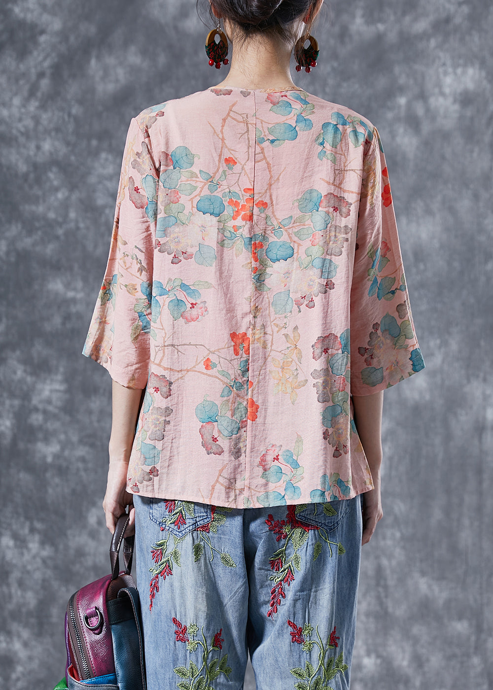 Women Pink Chinese Button Print Linen Shirts Bracelet Sleeve LY4025 - fabuloryshop