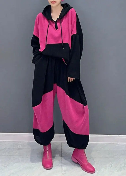 Women Pink Drawstring Patchwork Velour Hooded Top And Pants Two Pieces Set Fall Ada Fashion
