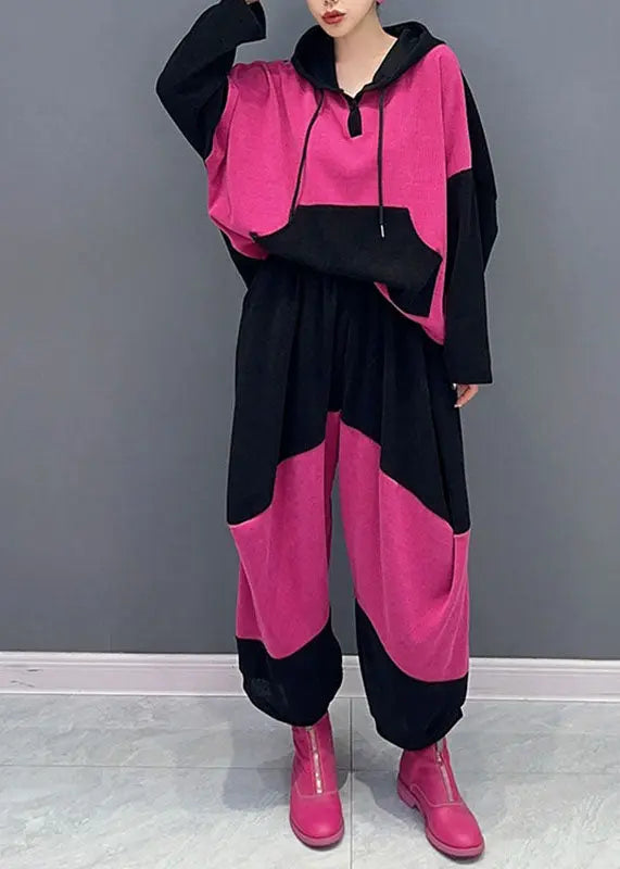 Women Pink Drawstring Patchwork Velour Hooded Top And Pants Two Pieces Set Fall Ada Fashion