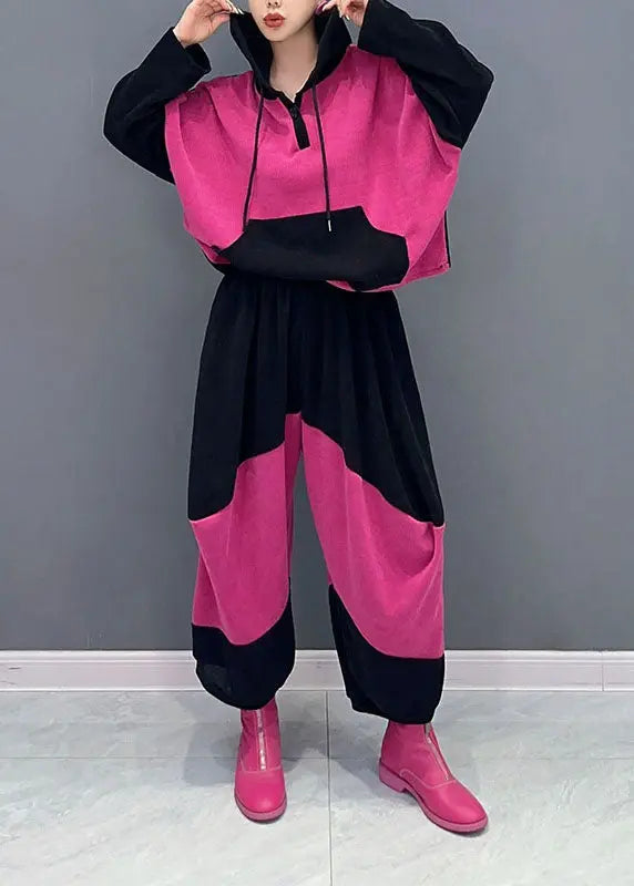 Women Pink Drawstring Patchwork Velour Hooded Top And Pants Two Pieces Set Fall Ada Fashion