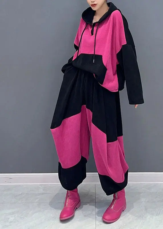 Women Pink Drawstring Patchwork Velour Hooded Top And Pants Two Pieces Set Fall Ada Fashion