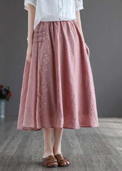 Women Pink Embroideried Chinese Button Linen Skirts Spring TG1022 - fabuloryshop