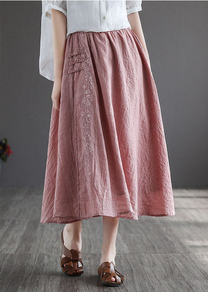 Women Pink Embroideried Chinese Button Linen Skirts Spring TG1022 - fabuloryshop