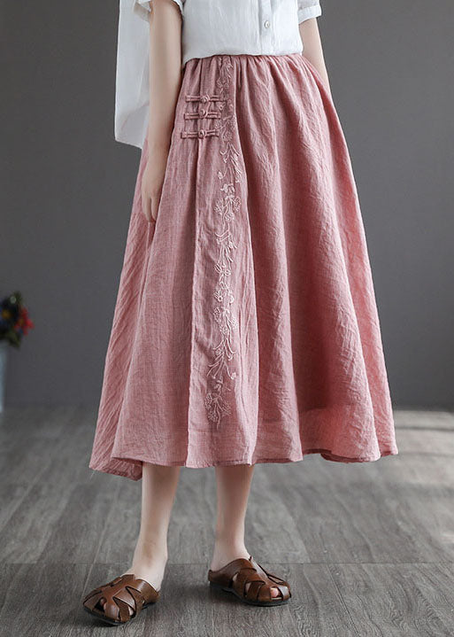 Women Pink Embroideried Chinese Button Linen Skirts Spring TG1022 - fabuloryshop