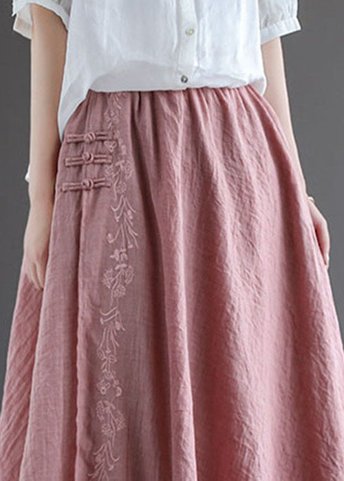 Women Pink Embroideried Chinese Button Linen Skirts Spring TG1022 - fabuloryshop