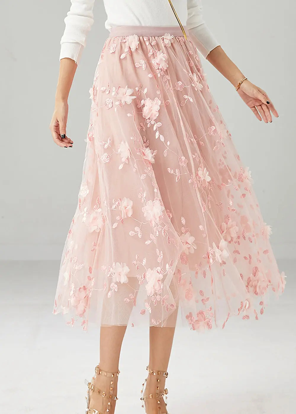 Women Pink Embroideried Stereoscopic Floral Tulle Skirt Fall Ada Fashion