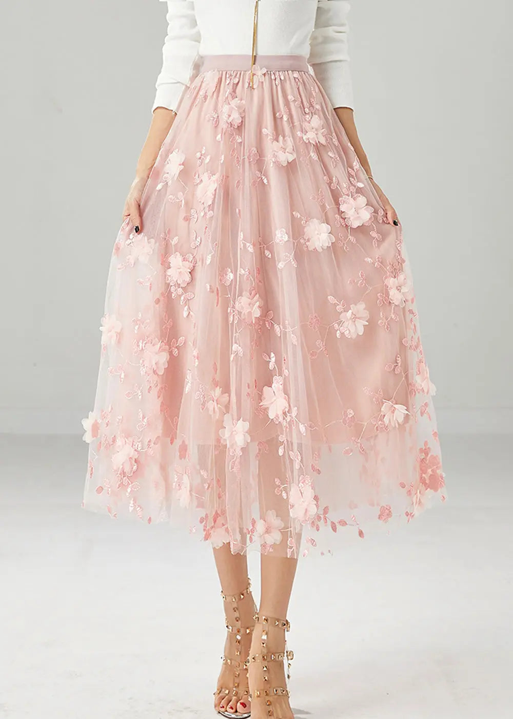 Women Pink Embroideried Stereoscopic Floral Tulle Skirt Fall Ada Fashion