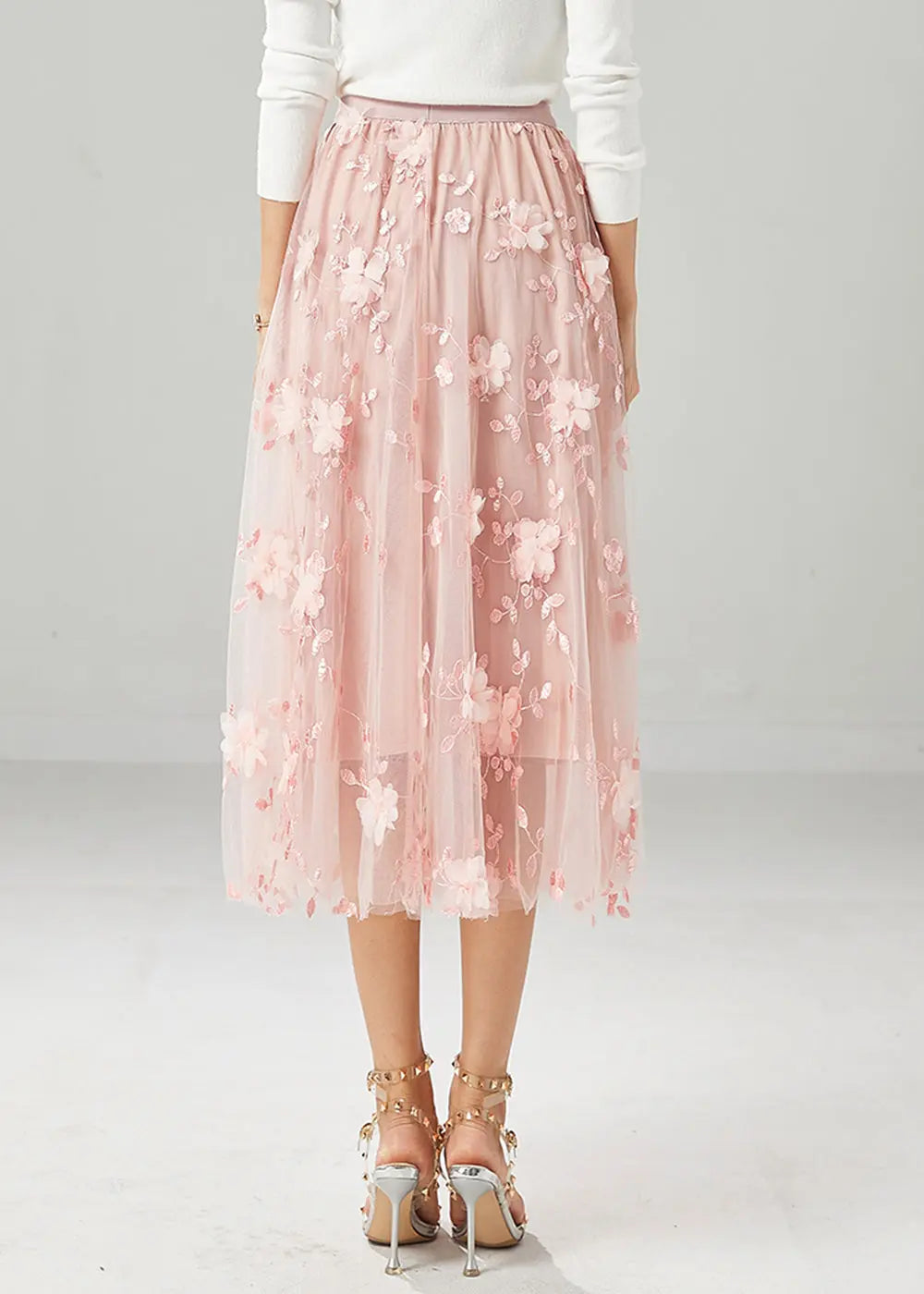 Women Pink Embroideried Stereoscopic Floral Tulle Skirt Fall Ada Fashion