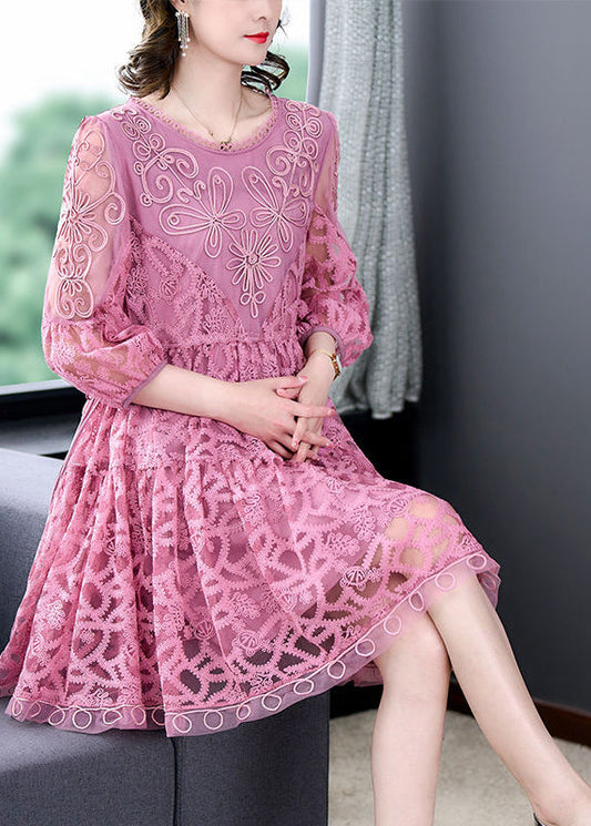 Women Pink Embroideried Tie Waist Lace Mid Dress Bracelet Sleeve LY3714 - fabuloryshop