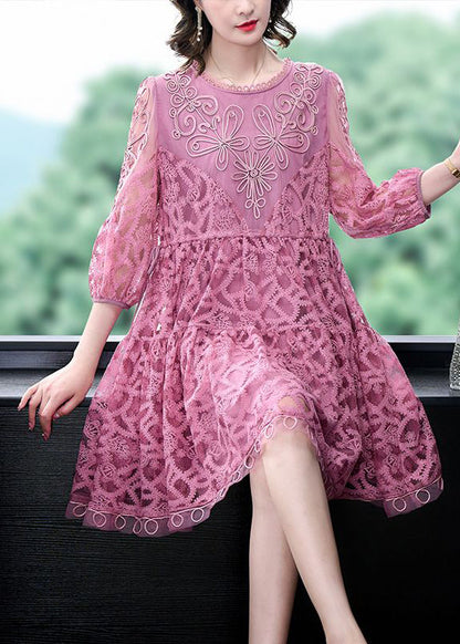 Women Pink Embroideried Tie Waist Lace Mid Dress Bracelet Sleeve LY3714 - fabuloryshop