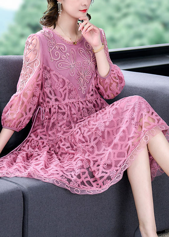 Women Pink Embroideried Tie Waist Lace Mid Dress Bracelet Sleeve LY3714 - fabuloryshop