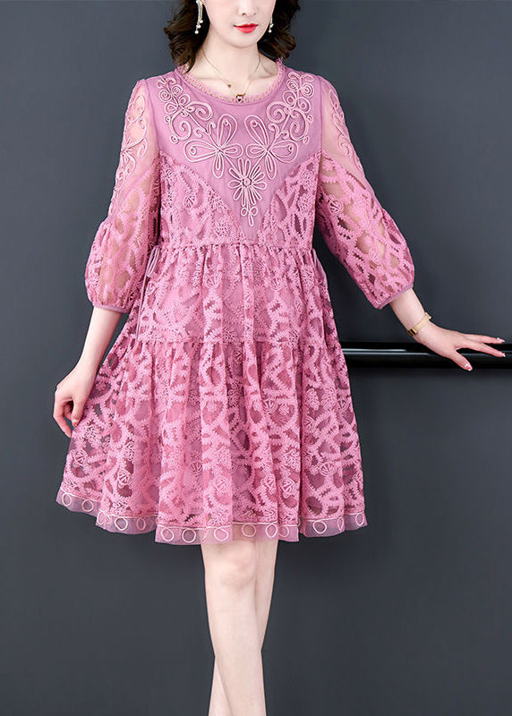 Women Pink Embroideried Tie Waist Lace Mid Dress Bracelet Sleeve LY3714 - fabuloryshop