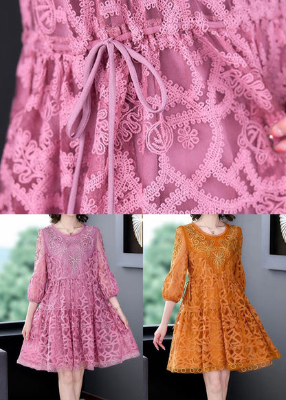 Women Pink Embroideried Tie Waist Lace Mid Dress Bracelet Sleeve LY3714 - fabuloryshop