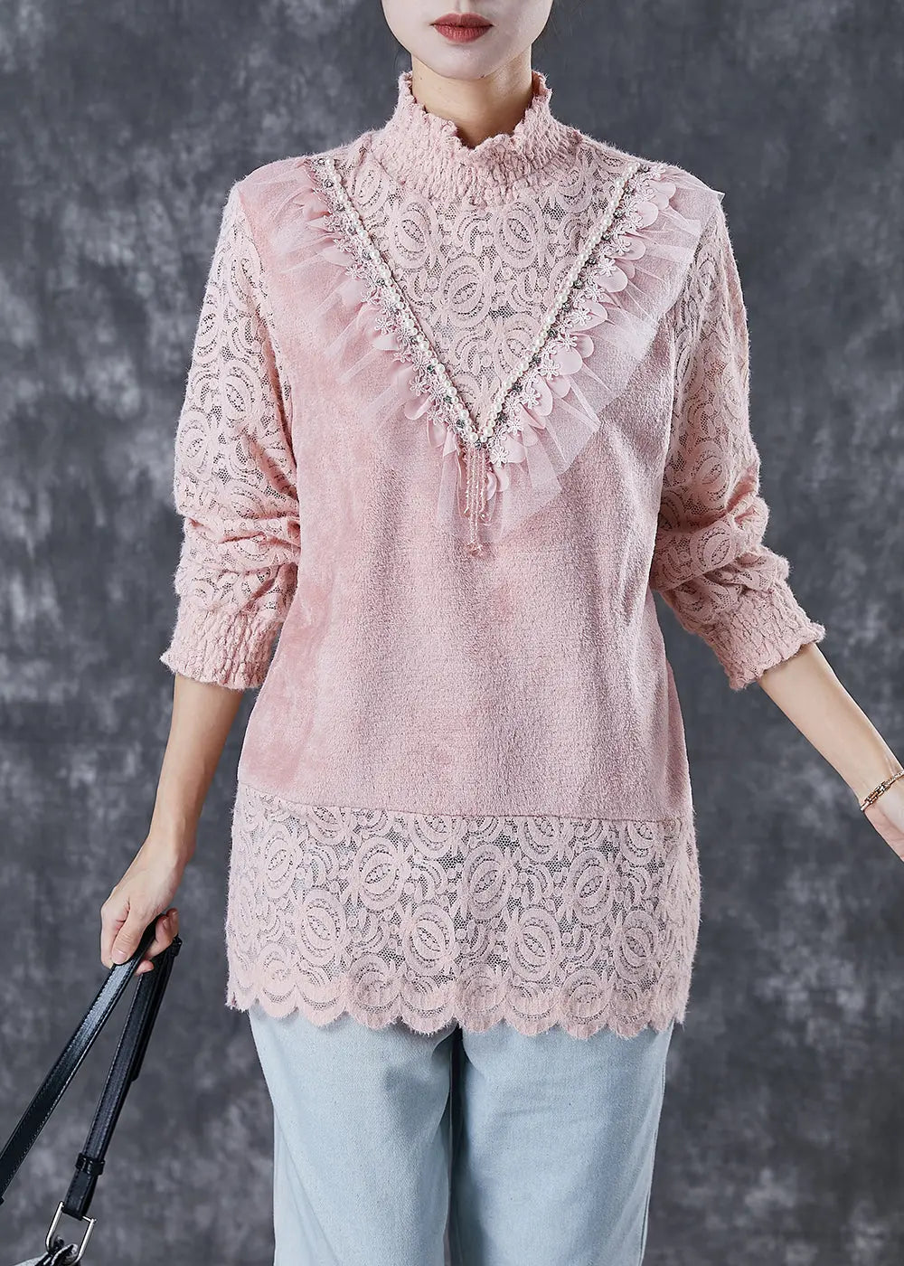 Women Pink High Neck Patchwork Lace Velour Shirts Winter Ada Fashion