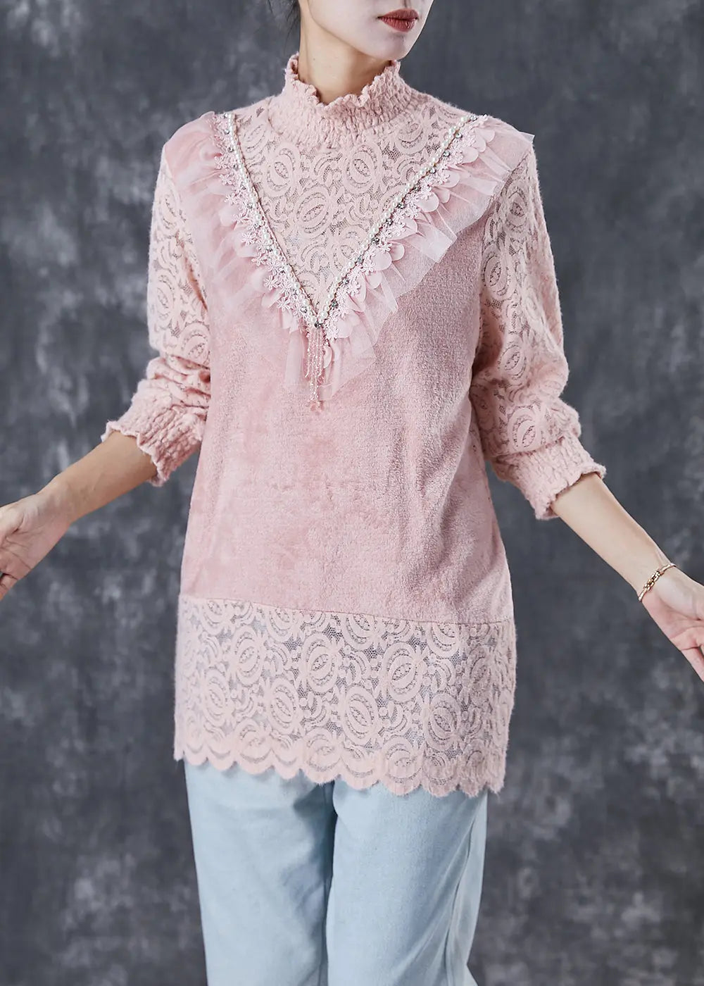 Women Pink High Neck Patchwork Lace Velour Shirts Winter Ada Fashion