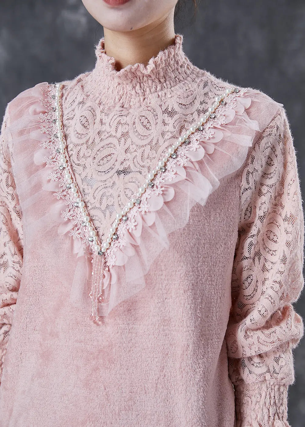 Women Pink High Neck Patchwork Lace Velour Shirts Winter Ada Fashion