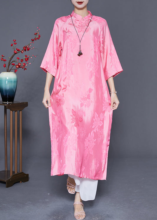 Women Pink Mandarin Collar Chinese Button Jacquard Silk Dress Summer LY5416 - fabuloryshop