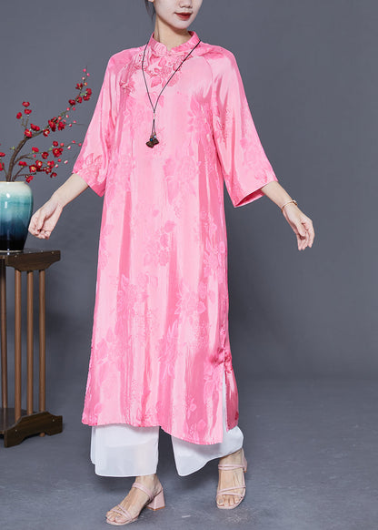 Women Pink Mandarin Collar Chinese Button Jacquard Silk Dress Summer LY5416 - fabuloryshop