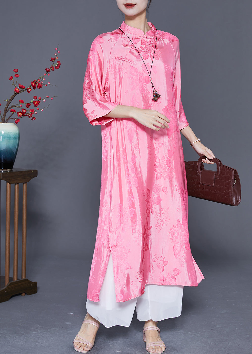 Women Pink Mandarin Collar Chinese Button Jacquard Silk Dress Summer LY5416 - fabuloryshop