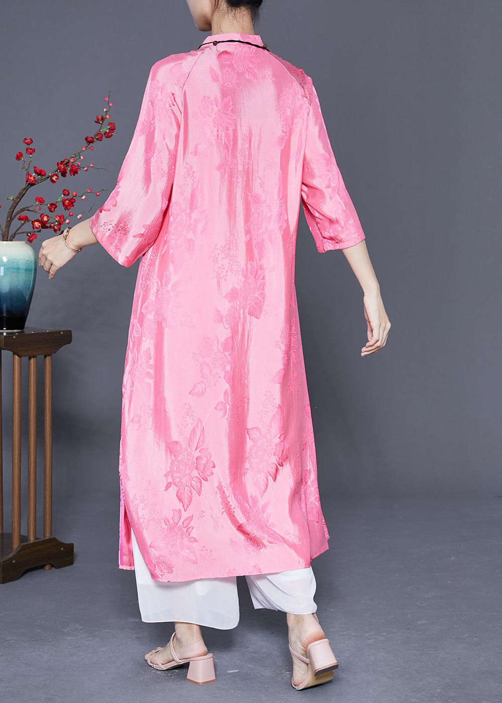 Women Pink Mandarin Collar Chinese Button Jacquard Silk Dress Summer LY5416 - fabuloryshop