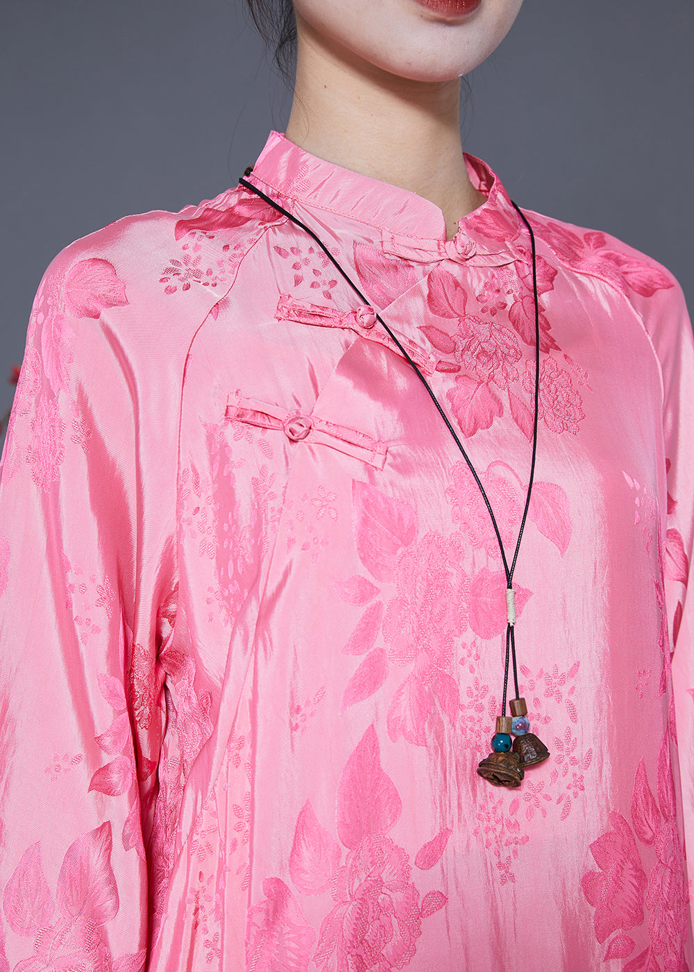 Women Pink Mandarin Collar Chinese Button Jacquard Silk Dress Summer LY5416 - fabuloryshop