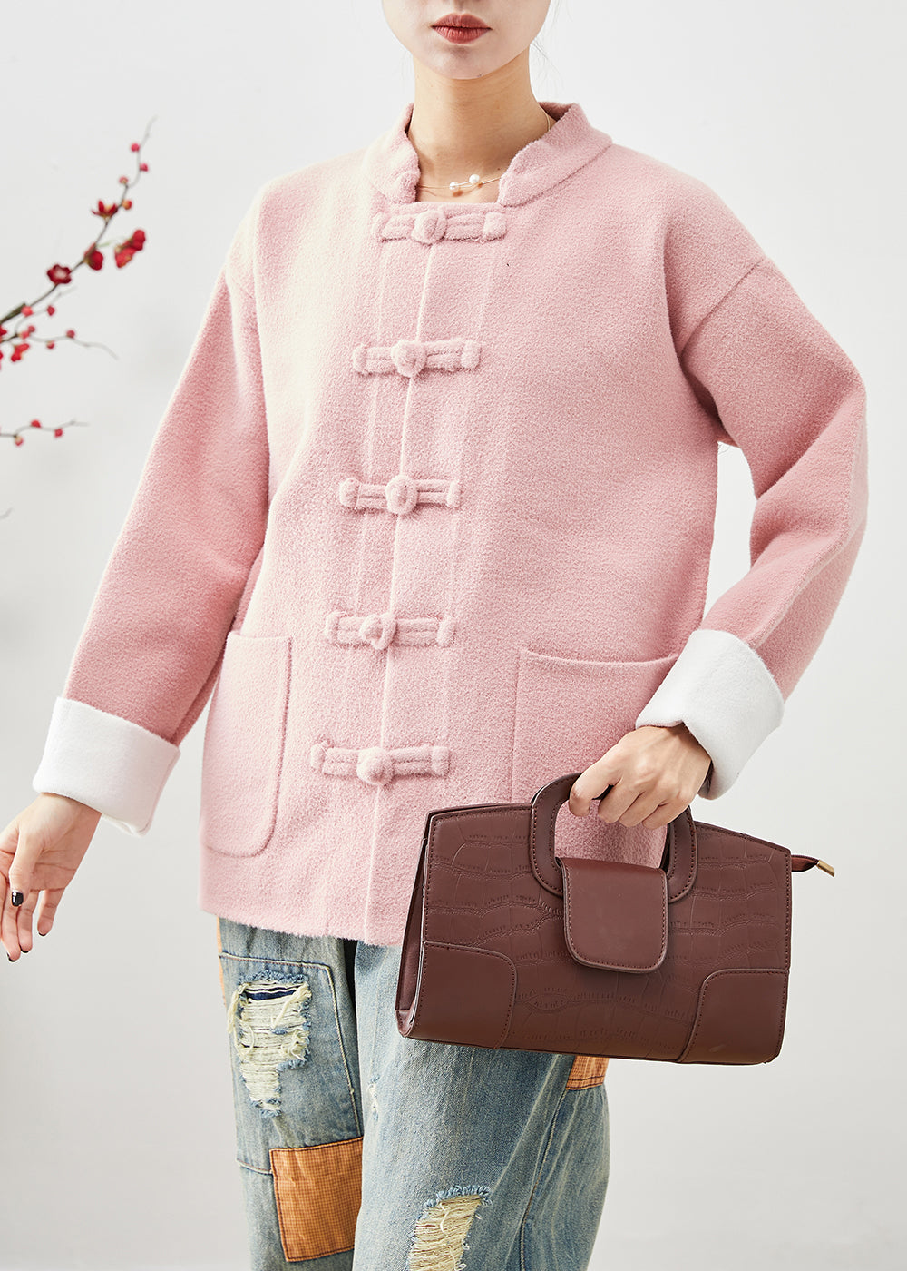 Women Pink Mandarin Collar Chinese Button Pockets Woolen Coats Fall Ada Fashion