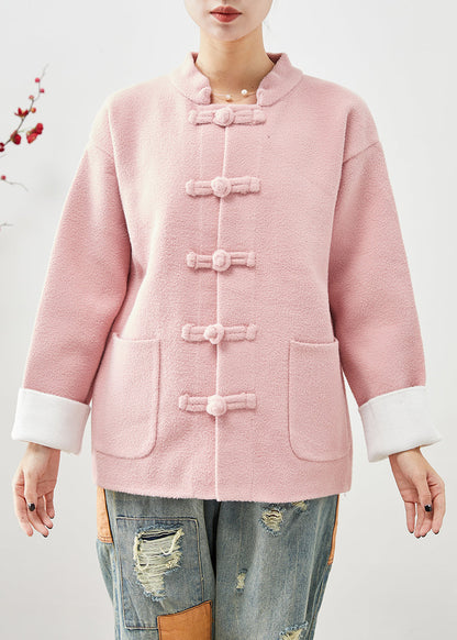 Women Pink Mandarin Collar Chinese Button Pockets Woolen Coats Fall Ada Fashion