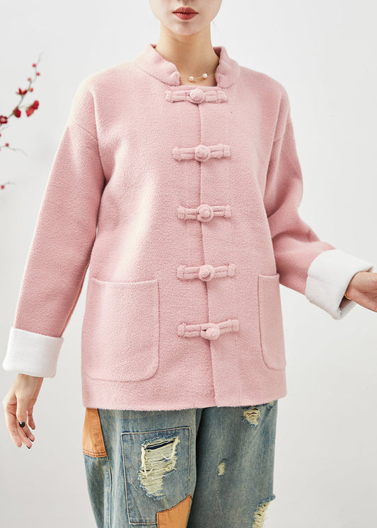 Women Pink Mandarin Collar Chinese Button Pockets Woolen Coats Fall Ada Fashion