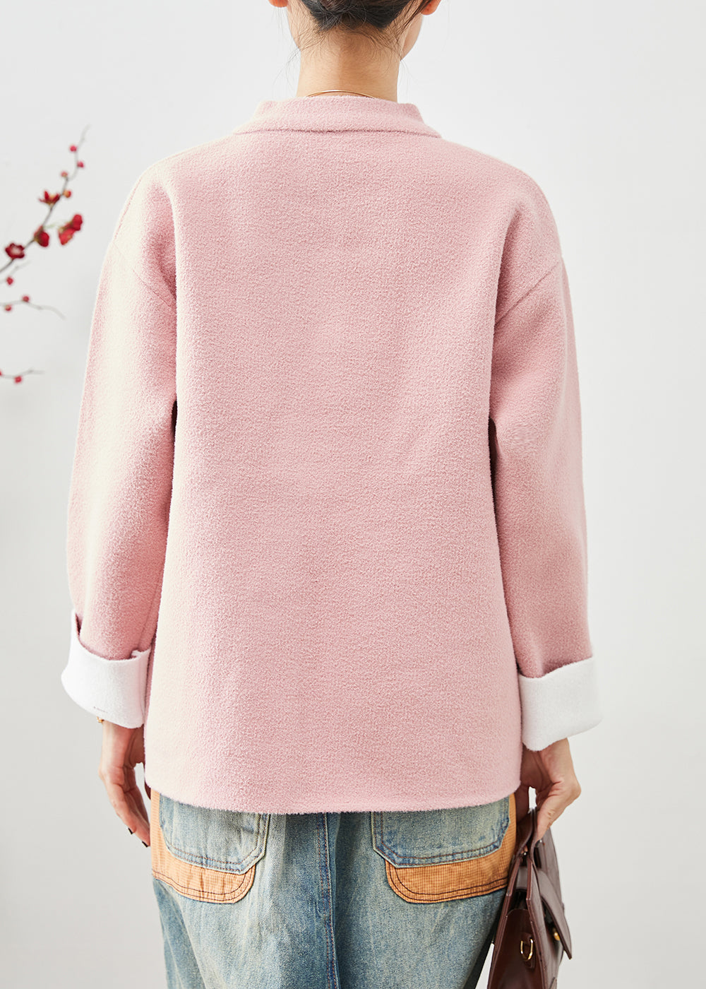 Women Pink Mandarin Collar Chinese Button Pockets Woolen Coats Fall Ada Fashion