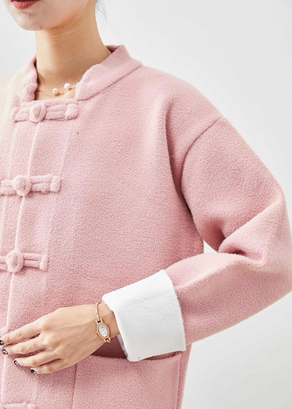 Women Pink Mandarin Collar Chinese Button Pockets Woolen Coats Fall Ada Fashion