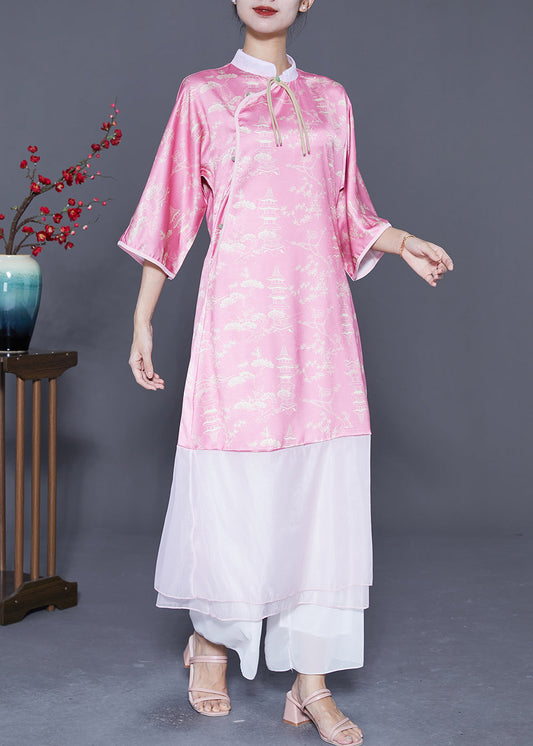 Women Pink Mandarin Collar Patchwork Tassel Silk Long Dresses Summer LY5404 - fabuloryshop