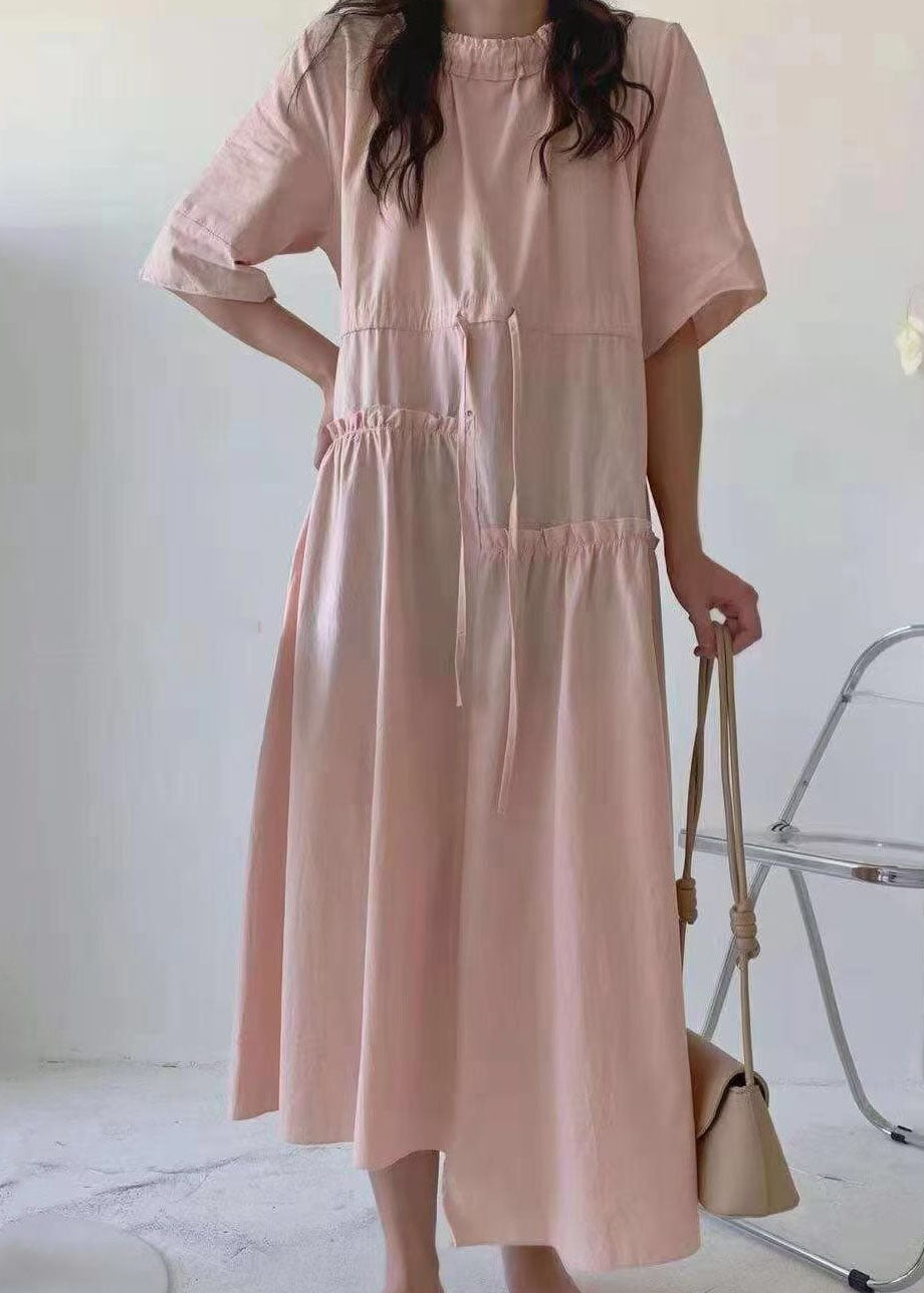 Women Pink O-Neck Asymmetrical Patchwork Cotton Dress Summer LY2076 - fabuloryshop