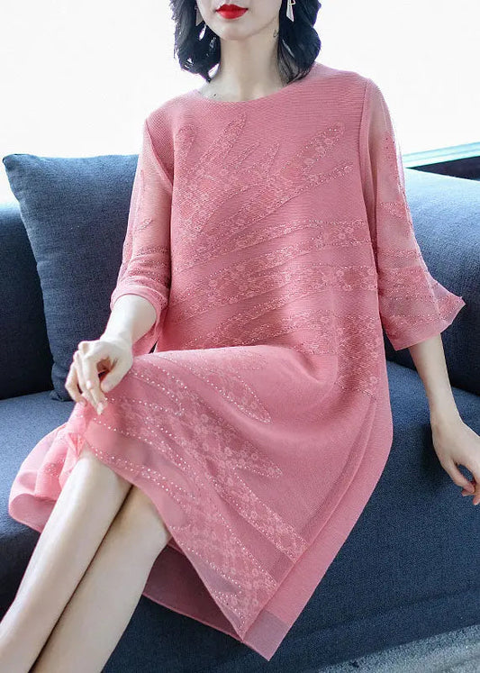 Women Pink O-Neck Embroidered Floral Tulle Maxi Dresses Fall Ada Fashion