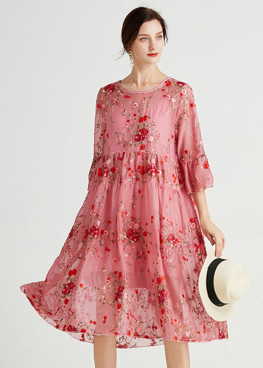Women Pink O-Neck Embroideried Lace Dresses Two Piece Set Summer LY0026 - fabuloryshop