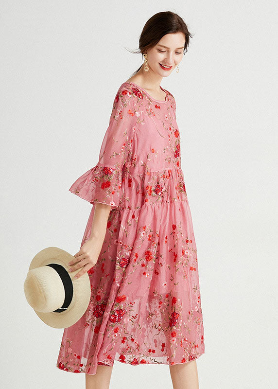 Women Pink O-Neck Embroideried Lace Dresses Two Piece Set Summer LY0026 - fabuloryshop