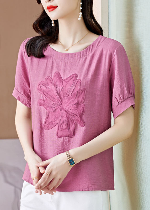 Women Pink O Neck Embroideried Patchwork Linen T Shirt Top Summer LY0443