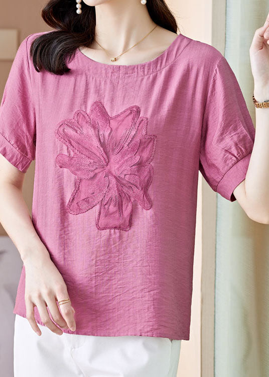 Women Pink O Neck Embroideried Patchwork Linen T Shirt Top Summer LY0443