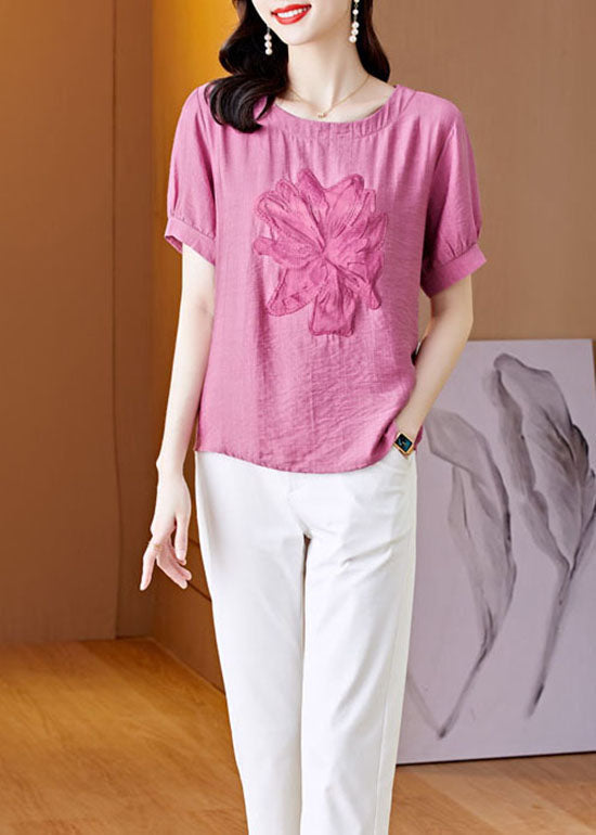 Women Pink O Neck Embroideried Patchwork Linen T Shirt Top Summer LY0443 - fabuloryshop