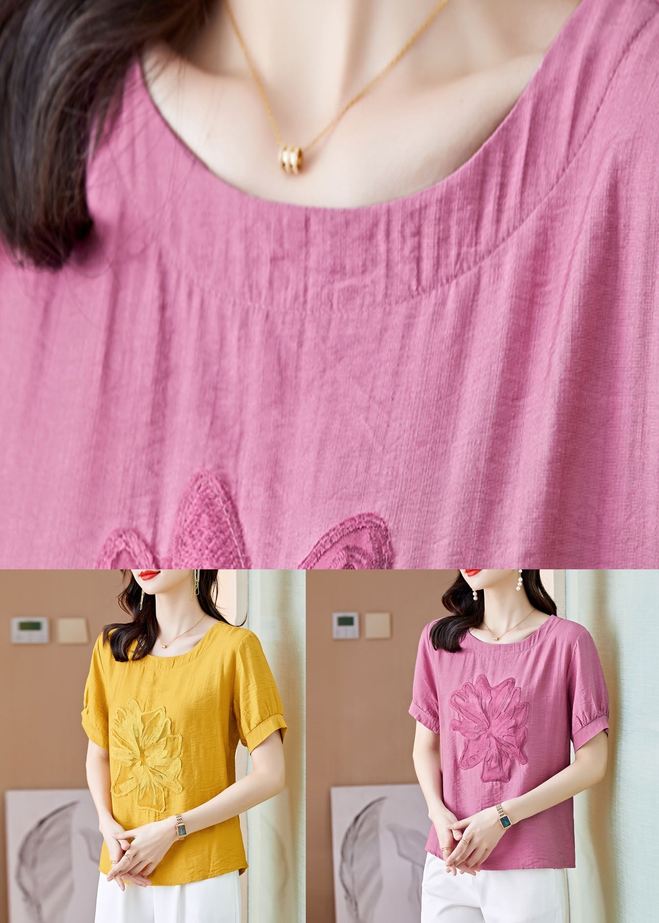 Women Pink O Neck Embroideried Patchwork Linen T Shirt Top Summer LY0443 - fabuloryshop