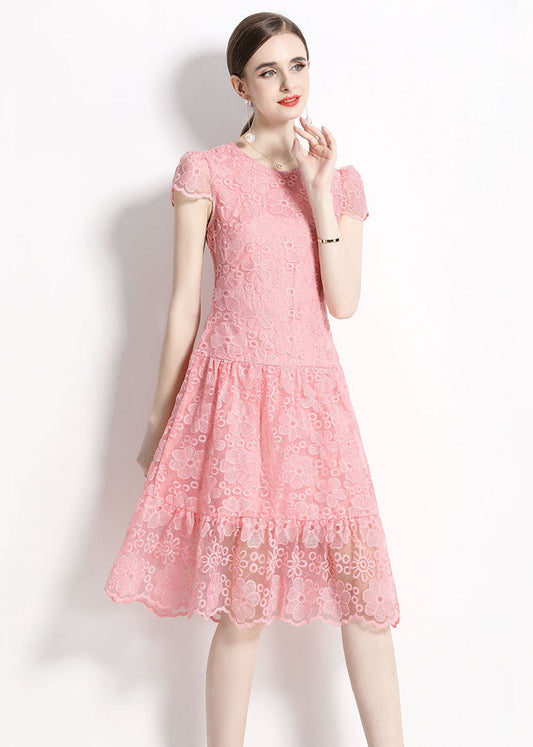 Women Pink O Neck Hollow Out Embroideried Patchwork Lace Dresses Summer LY7413 - fabuloryshop