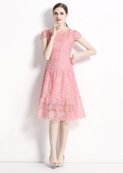 Women Pink O Neck Hollow Out Embroideried Patchwork Lace Dresses Summer LY7413 - fabuloryshop