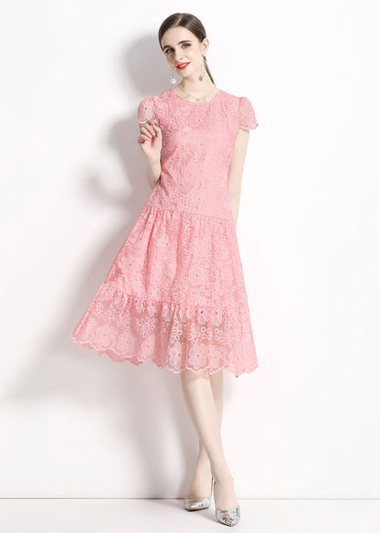 Women Pink O Neck Hollow Out Embroideried Patchwork Lace Dresses Summer LY7413 - fabuloryshop