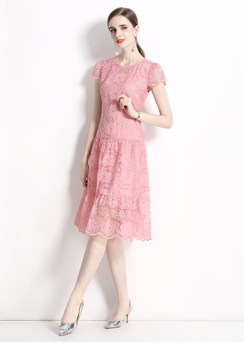 Women Pink O Neck Hollow Out Embroideried Patchwork Lace Dresses Summer LY7413 - fabuloryshop