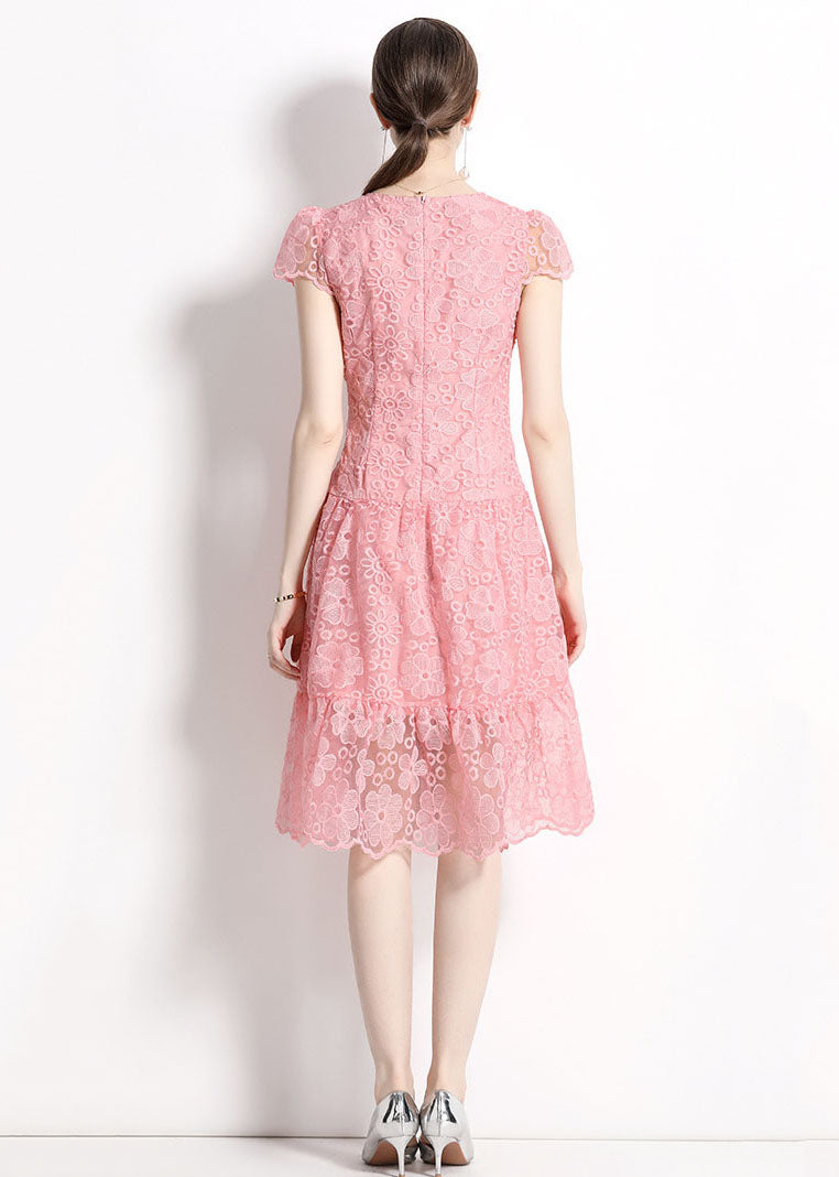 Women Pink O Neck Hollow Out Embroideried Patchwork Lace Dresses Summer LY7413 - fabuloryshop