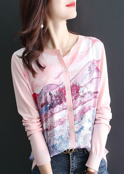 Women Pink O-Neck Patchwork Knit Cardigan Spring LY0059 - fabuloryshop