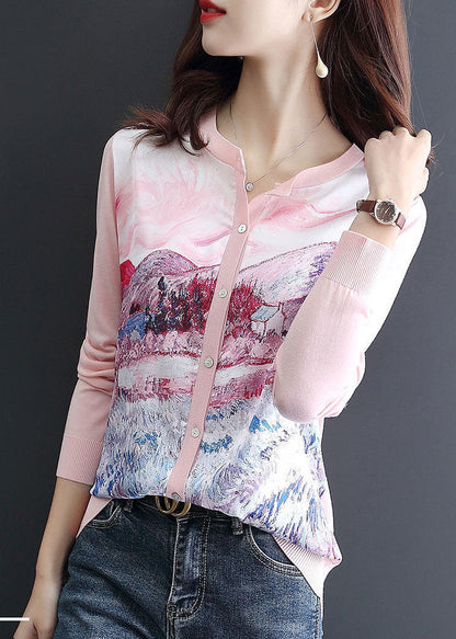 Women Pink O-Neck Patchwork Knit Cardigan Spring LY0059 - fabuloryshop