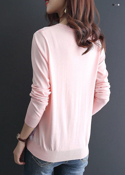 Women Pink O-Neck Patchwork Knit Cardigan Spring LY0059 - fabuloryshop