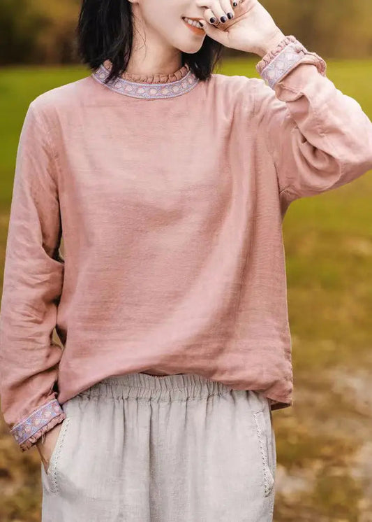 Women Pink O-Neck Ruffled Patchwork Embroideried T Shirt Long Sleeve Ada Fashion